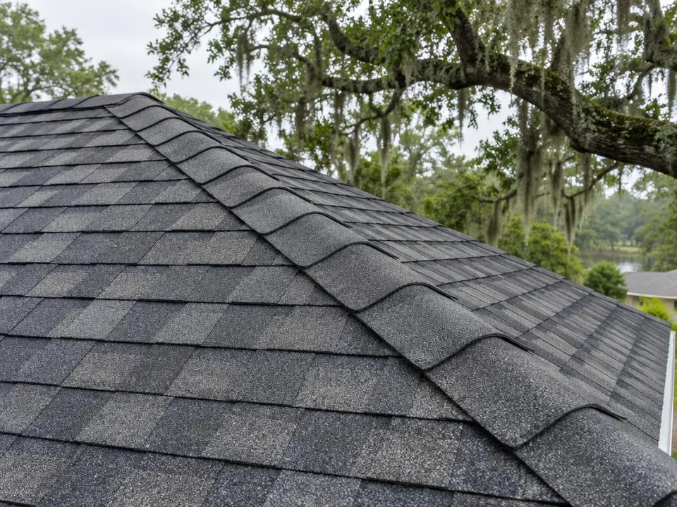 Generated illustration of rows of architectural asphalt shingles along a roof ridge
