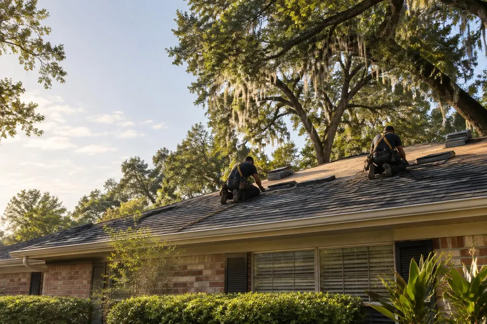 Generated illustration of two roofers in harnesses laying asphalt shingles on a brick ranch house under live oaks