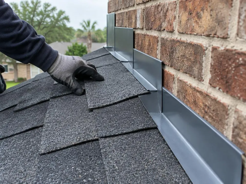 Generated illustration of a gloved hand fitting an asphalt shingle beside metal step flashing