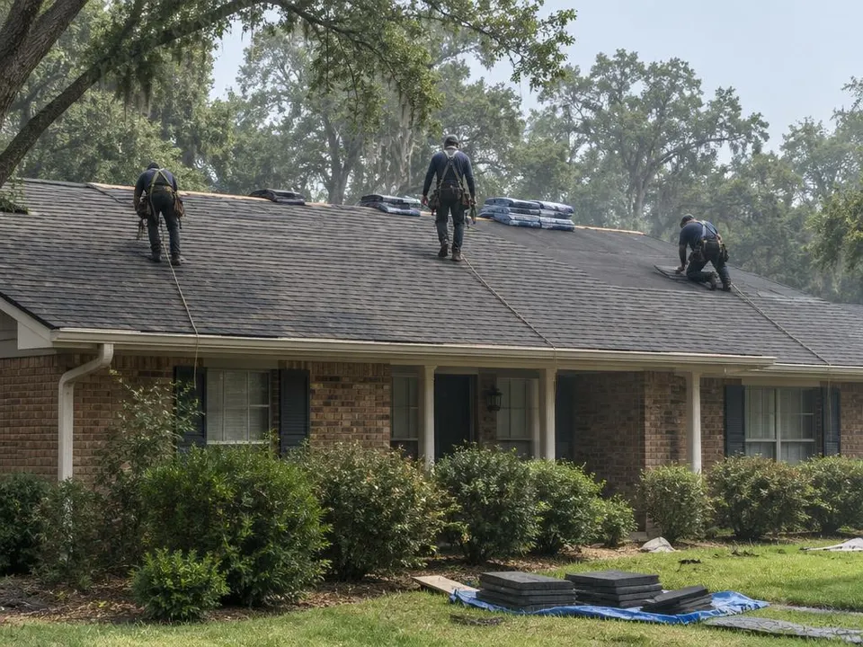 Generated illustration of a crew laying new asphalt shingles on a single-story brick ranch house
