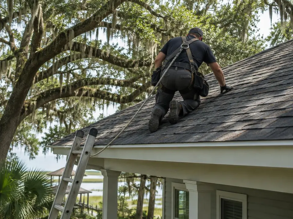 Generated illustration of a roofer in a harness working on an asphalt shingle roof of a raised home
