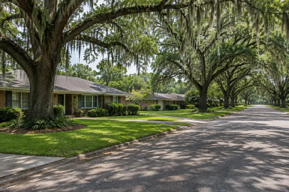 Generated illustration of a residential street with brick ranch houses and live oaks
